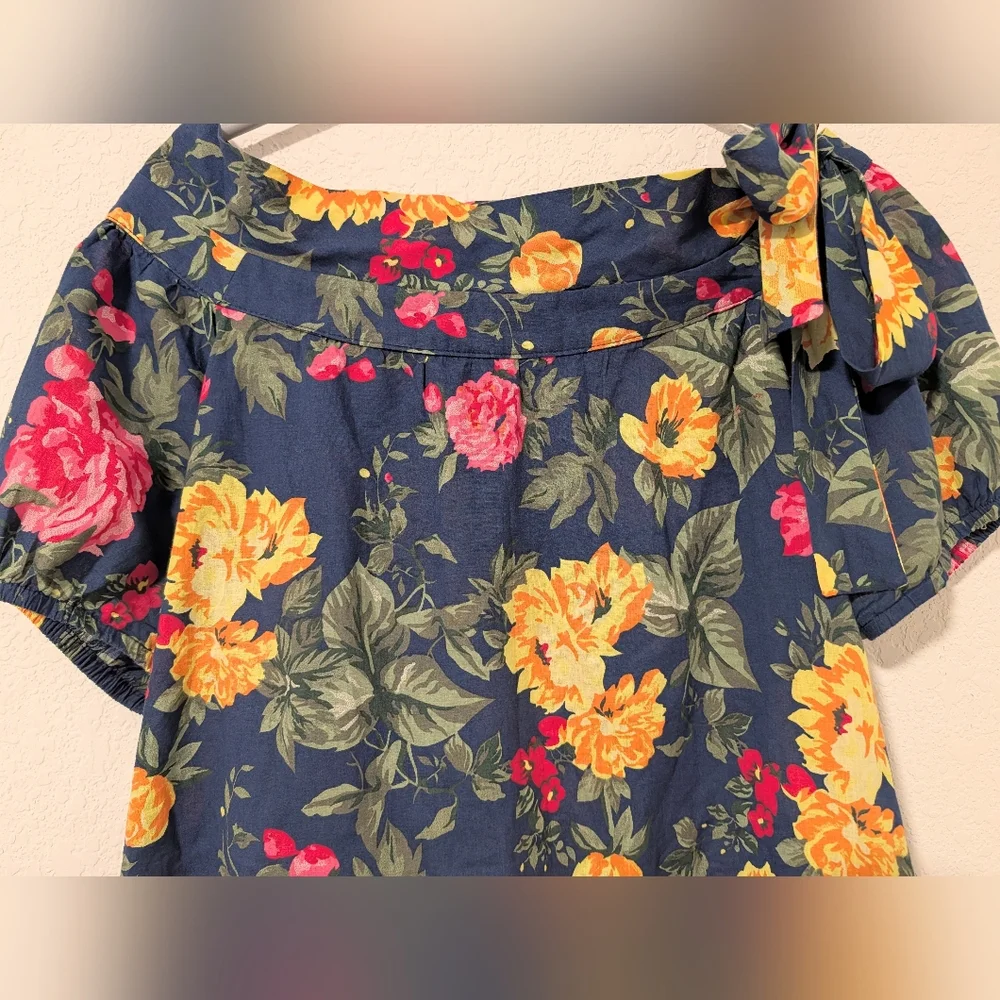 Navy Colorful Floral Cotton Boat Neck Puff Sleeve Relaxed Blouse M Resortwear - Picture 4 of 11